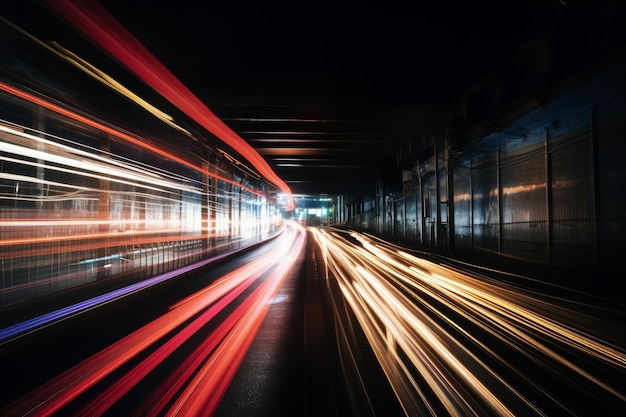 Imagen oscura de rastros de luz de velocidad dinámica de exposición prolongada IA generativa