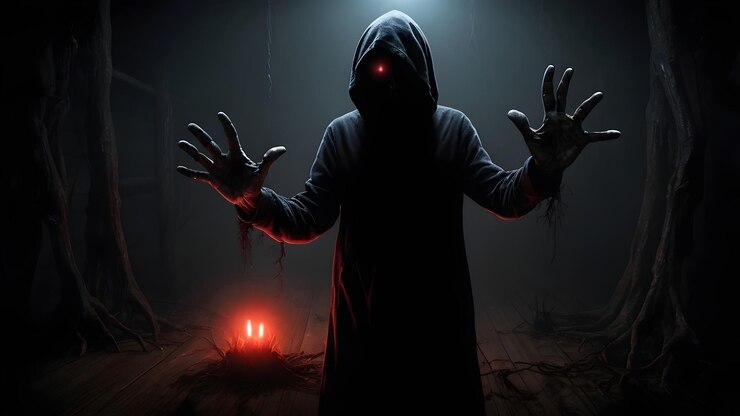 una imagen oscura de un zombie aterrador con un resplandor rojo en la oscuridad