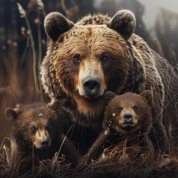 Foto una imagen de un oso y dos cachorros