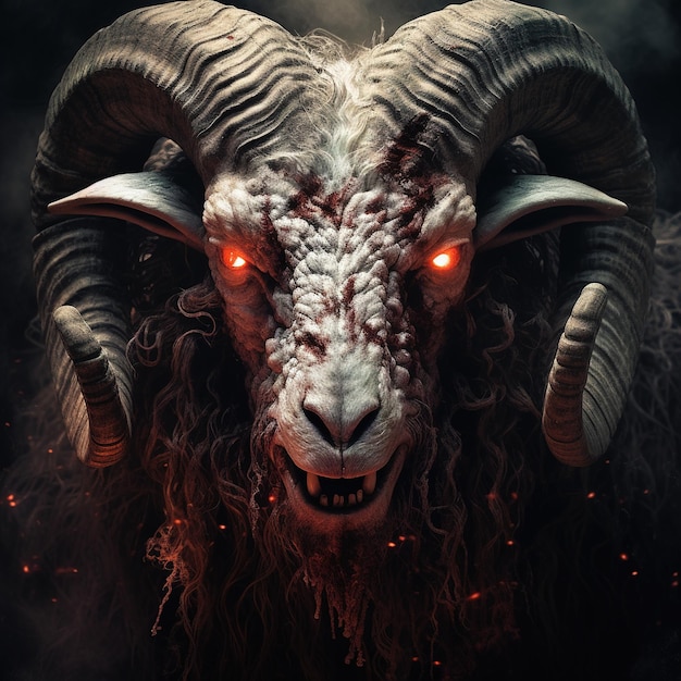 Imagen de una oveja demonio enojada aterradora con llamas y humo sobre fondo oscuro Animales de granja Ilustración IA generativa