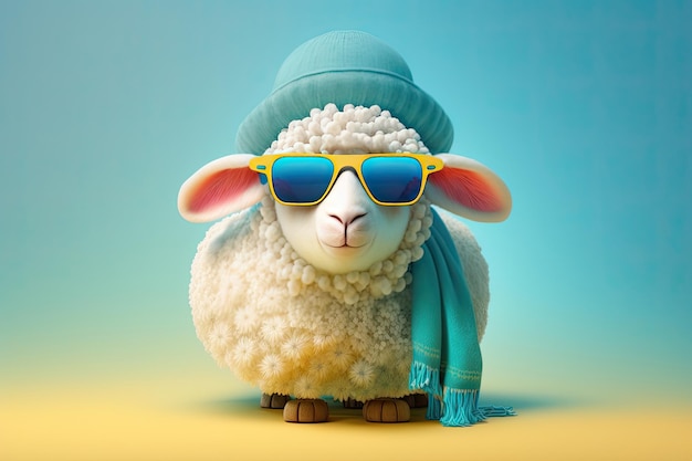 Imagen de una oveja divertida con gafas de sol sobre fondo azul Concepto animal IA generativa