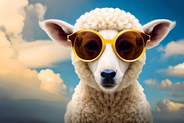 imagen de una oveja graciosa con gafas de sol de fondo azul