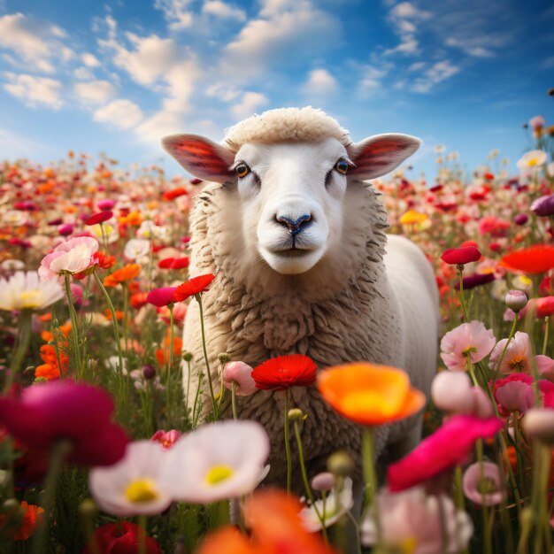 Imagen de ovejas en un hermoso campo de flores