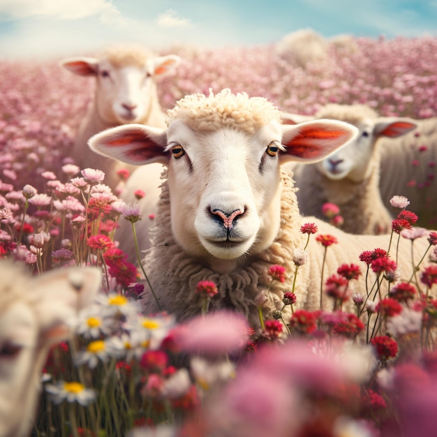 Imagen de ovejas en un hermoso campo de flores