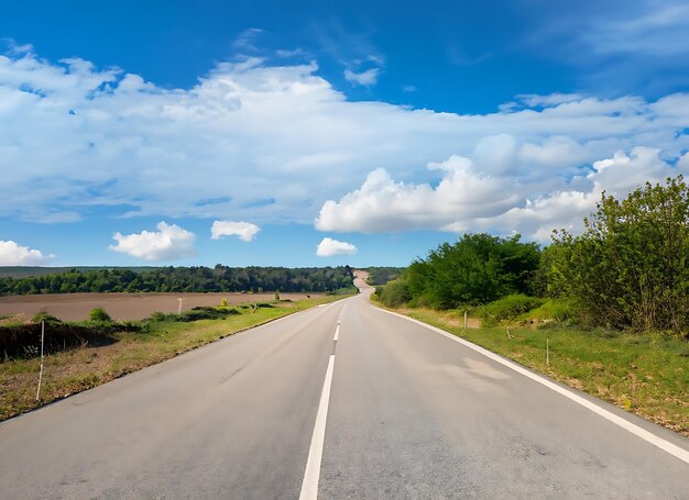 Imagen de un paisaje con una carretera de campo, una carretera de asfalto vacía sobre un fondo de cielo nublado azul