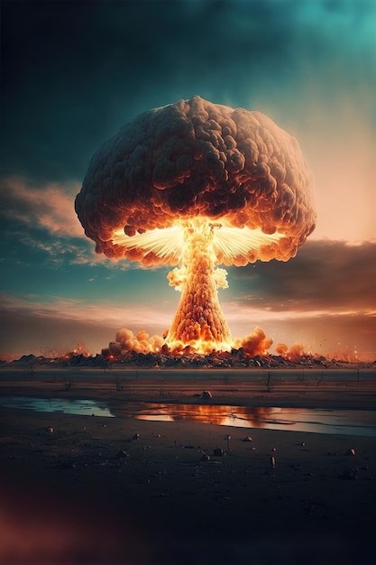 Imagen de un paisaje con una explosión nuclear creada con tecnología de IA generativa