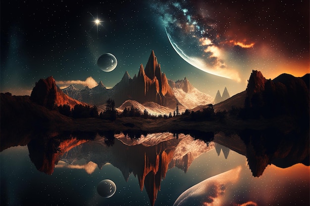 Imagen de un paisaje de fantasía con espacio y planetas creados con tecnología de IA generativa