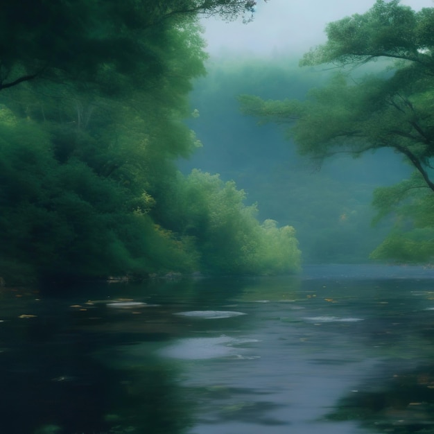 Una imagen de un paisaje con follaje y un lago tranquilo bajo la lluvia.