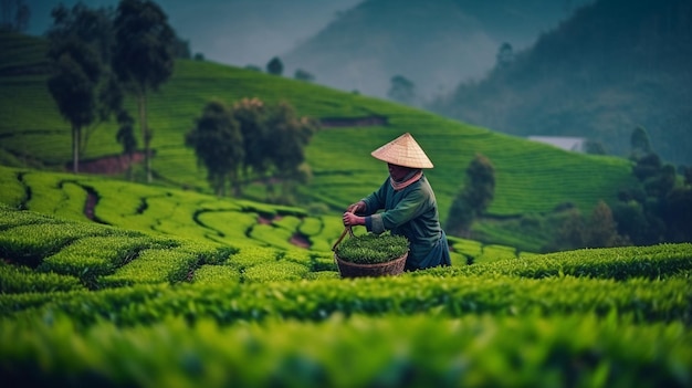 Imagen de paisaje generativa de IA de un trabajador vietnamita en una plantación de té