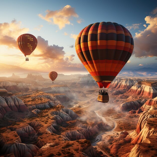 una imagen de un paisaje con globos aerostáticos volando sobre las montañas