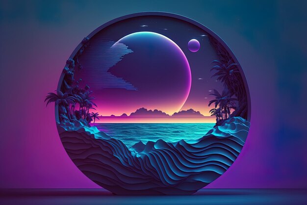 Imagen de un paisaje marino abstracto retrofuturista con un círculo de neón azul y violeta y espacio de copia