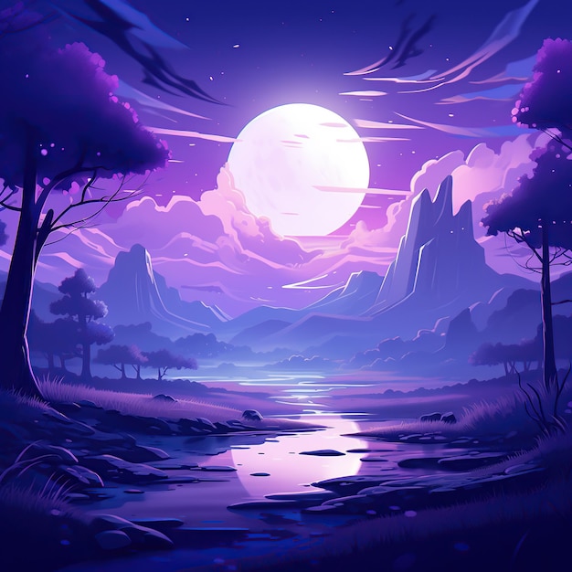 Imagen del paisaje nocturno púrpura de las montañas del bosque natural