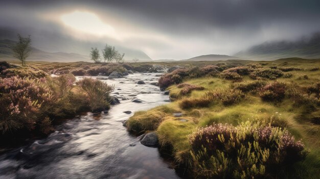 Una imagen del paisaje de un río con montañas al fondo.