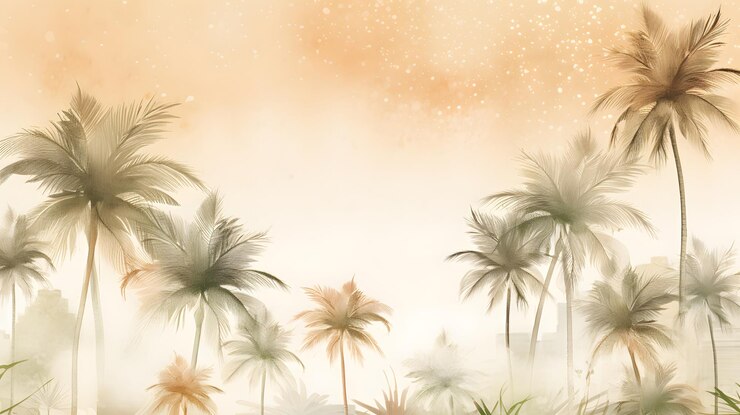 Una imagen de un paisaje tropical con palmeras y un cielo de fondo.