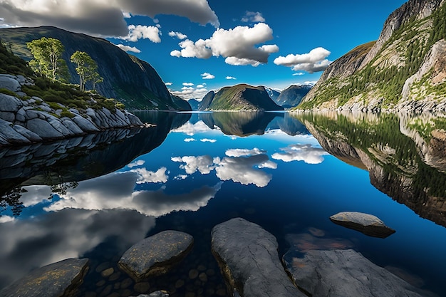 Una imagen paisajística de un lago de montaña con un cielo azul y nubes.