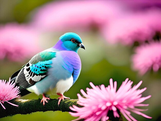 Imagen de un pájaro colorido entre flores rosadas de pie en una rama