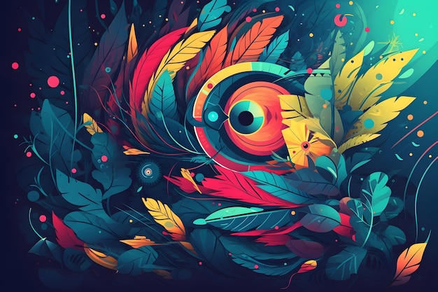 Imagen de un pájaro colorido con plumas en su fondo IA generativa