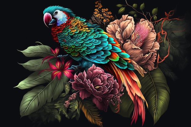 Imagen de pájaros loros de colores brillantes con coloridas flores tropicales Ilustración de aves de animales salvajes IA generativa