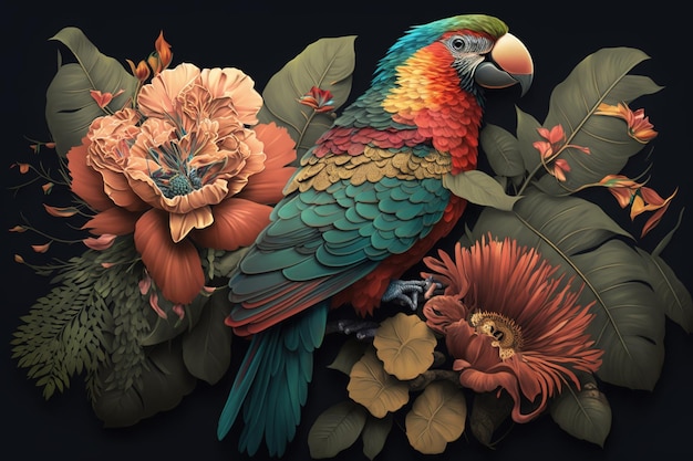 Imagen de pájaros loros de colores brillantes con coloridas flores tropicales Ilustración de aves de animales salvajes IA generativa