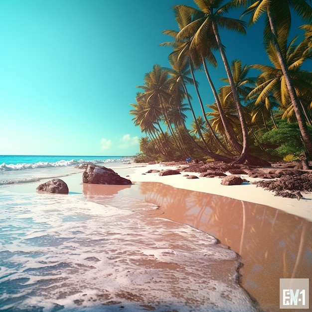 una imagen de palmeras y el océano con una playa en el fondo.