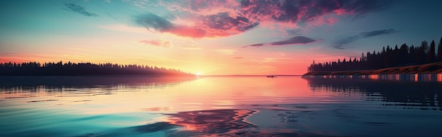 Imagen panorámica del atardecer o el amanecer en un hermoso lago IA generativa