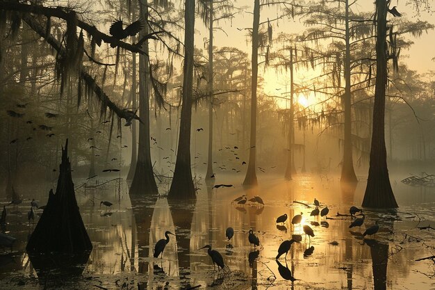 una imagen de un pantano con pájaros en el agua y el sol detrás de ellos