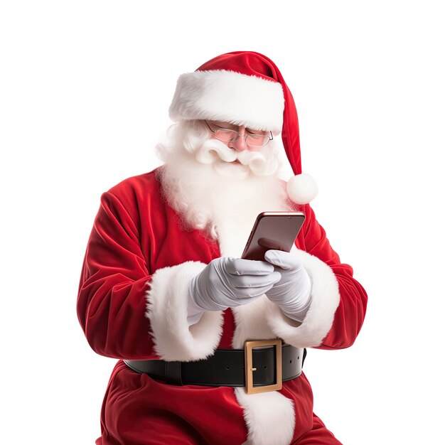 Foto imagen de un papá noel feliz usando un teléfono inteligente