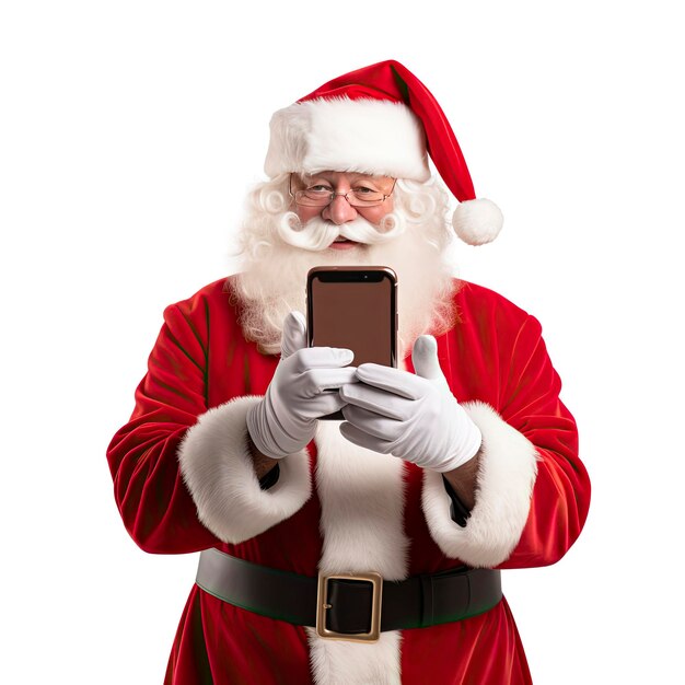 Foto imagen de un papá noel feliz usando un teléfono inteligente