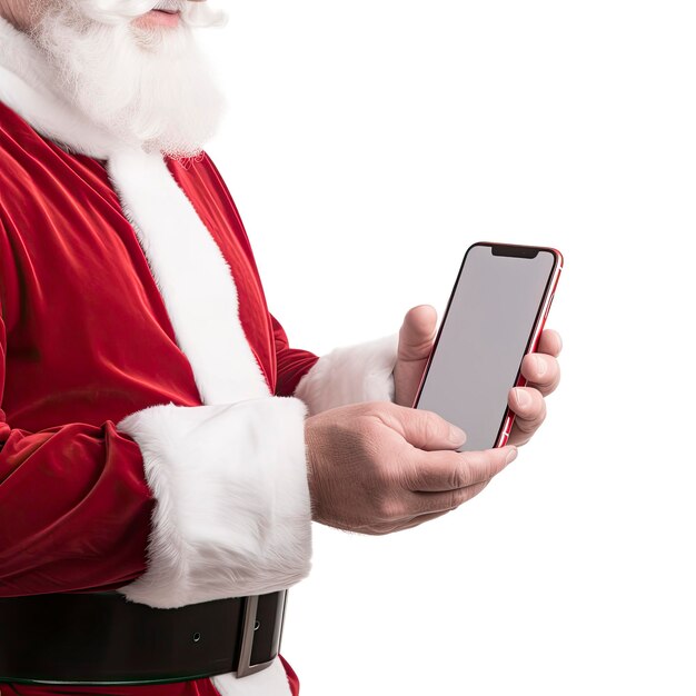 Foto imagen de un papá noel feliz usando un teléfono inteligente