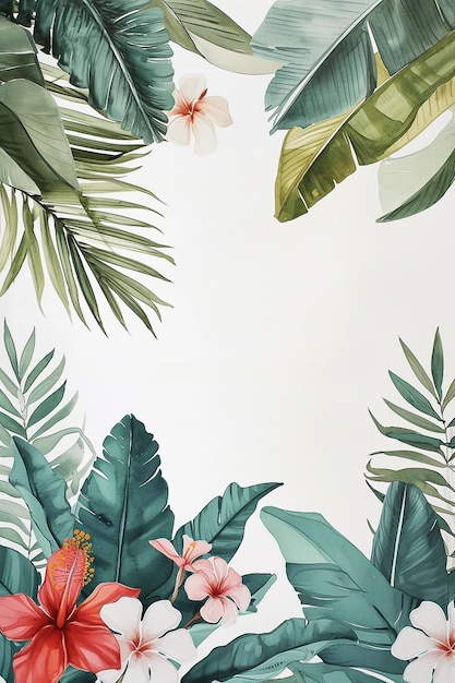 Imagen de un papel tapiz tropical con flores y hojas