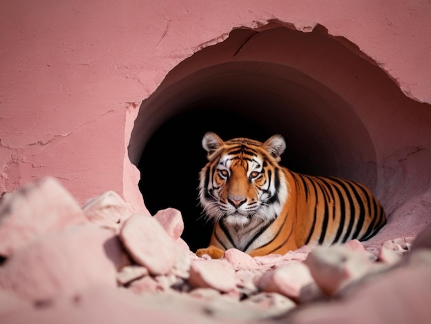 Foto una imagen de una pared rota y un animal en un agujero hueco