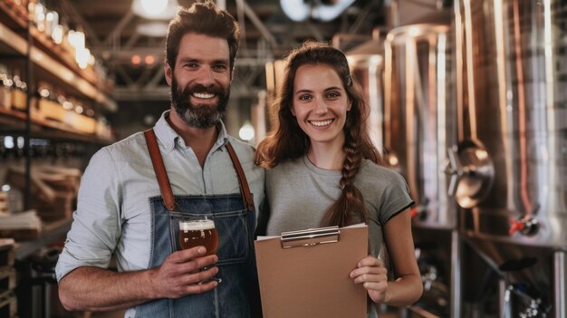 Imagen de una pareja alegre sonriendo mientras sostiene una cerveza y un clipboard en una cervecería
