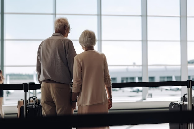 Imagen de una pareja de ancianos felices en la terminal del aeropuerto