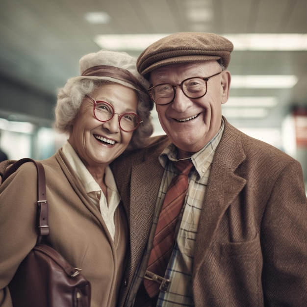 Imagen de una pareja de ancianos felices en la terminal del aeropuerto