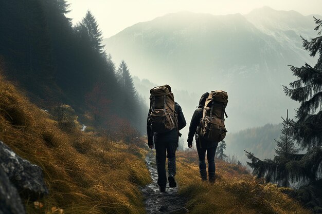 Imagen de una pareja de excursionistas caminando por el bosque en clima lluvioso Vista posterior