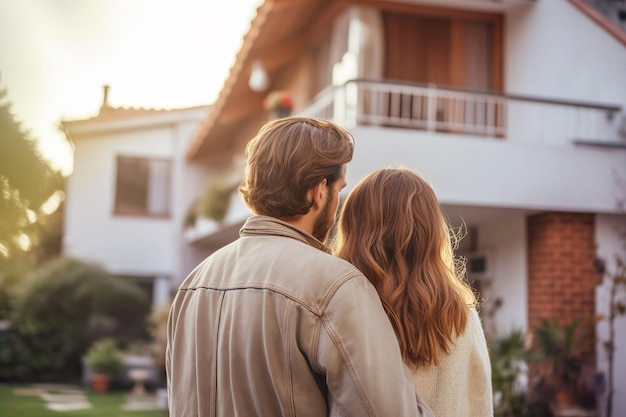 Imagen de una pareja de pie frente a una casa nueva