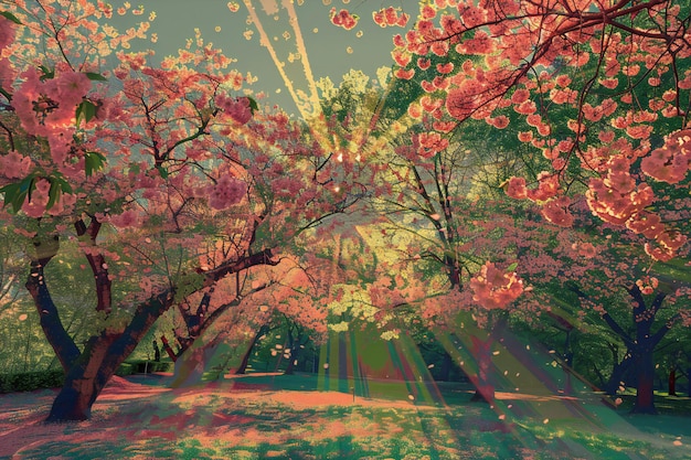 Una imagen de un parque con árboles y flores en flor