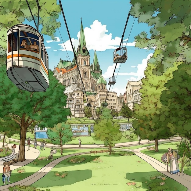 una imagen de un parque de la ciudad con un teleférico subiendo la colina.