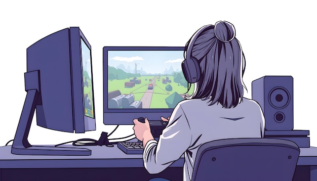 Imagen de la parte de atrás de una niña jugando a un videojuego en una computadora personal aislada con resaltos blancos