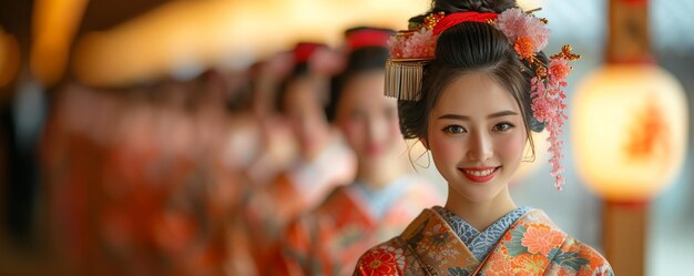 Foto imagen de los participantes con un trasfondo tradicional japonés