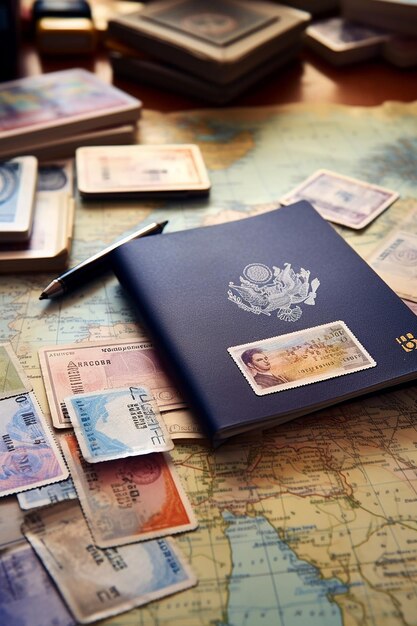 Foto imagen de un pasaporte abierto con sellos de visado en la mesa sellos de diferentes países