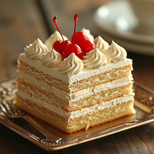 Foto imagen de un pastel con capas de glaseado cremoso con un bulto y cereza generative ai