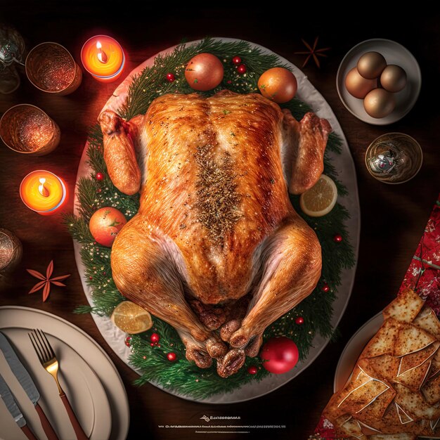 una imagen de un pavo en una mesa con una vela y una vela en el fondo