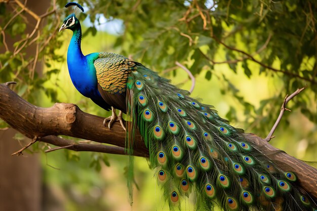 Imagen de un pavo real en un árbol