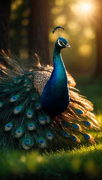 Foto imagen de un pavo real en la hierba verde en un bosque