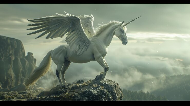 Foto imagen de un pegaso blanco en vuelo