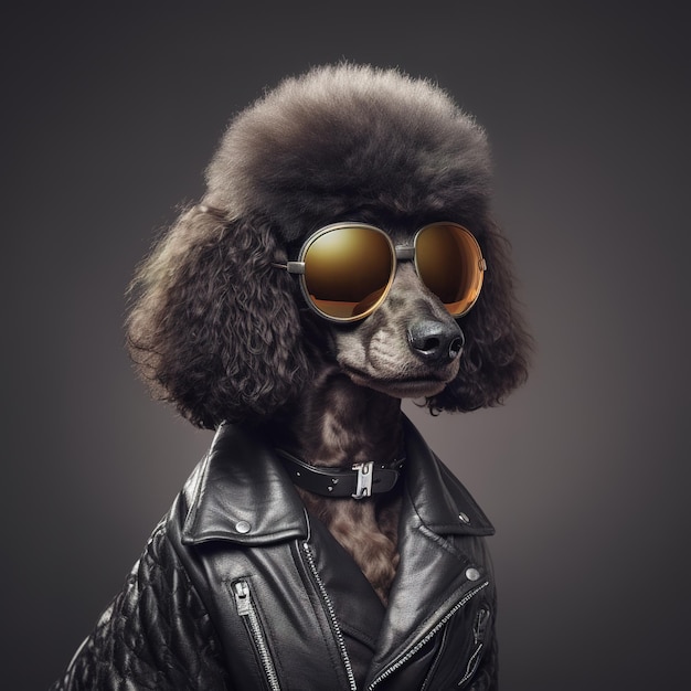 Imagen de un perro caniche con gafas de sol y una chaqueta de cuero sobre un fondo limpio Ilustración de animales de compañía IA generativa