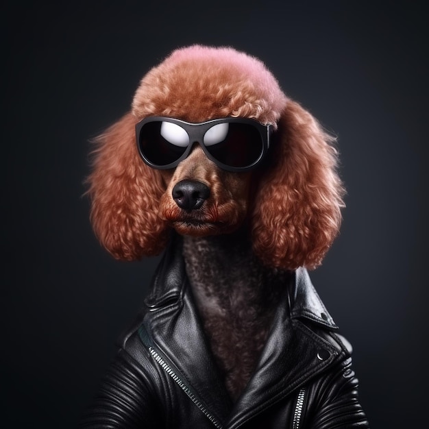 Imagen de un perro caniche con gafas de sol y una chaqueta de cuero sobre un fondo limpio Ilustración de animales de compañía IA generativa