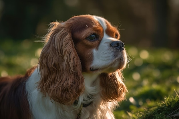 Una imagen del perro cavalier King Charles se encuentra contra la hierba verde nebulosa