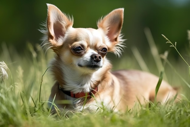 Imagen de un perro chihuahua descansando en la hierba verde del pasto en verano Animales de compañía Ilustración IA generativa